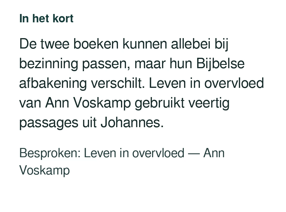 De twee boeken kunnen allebei bij bezinning passen, maar hun Bijbelse afbakening verschilt. Leven in overvloed van Ann Voskamp gebruikt veertig passages uit Johannes. Besproken: Leven in overvloed — Ann Voskamp.