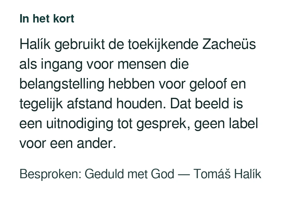 Halík gebruikt de toekijkende Zacheüs als ingang voor mensen die belangstelling hebben voor geloof en tegelijk afstand houden. Dat beeld is een uitnodiging tot gesprek, geen label voor een ander. Besproken: Geduld met God — Tomáš Halík.